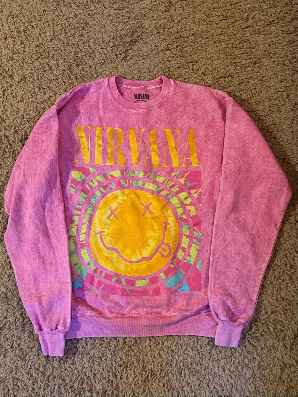 NIRVANA Pink Tie-Dye Crewneck with Yellow Smiley Graphic